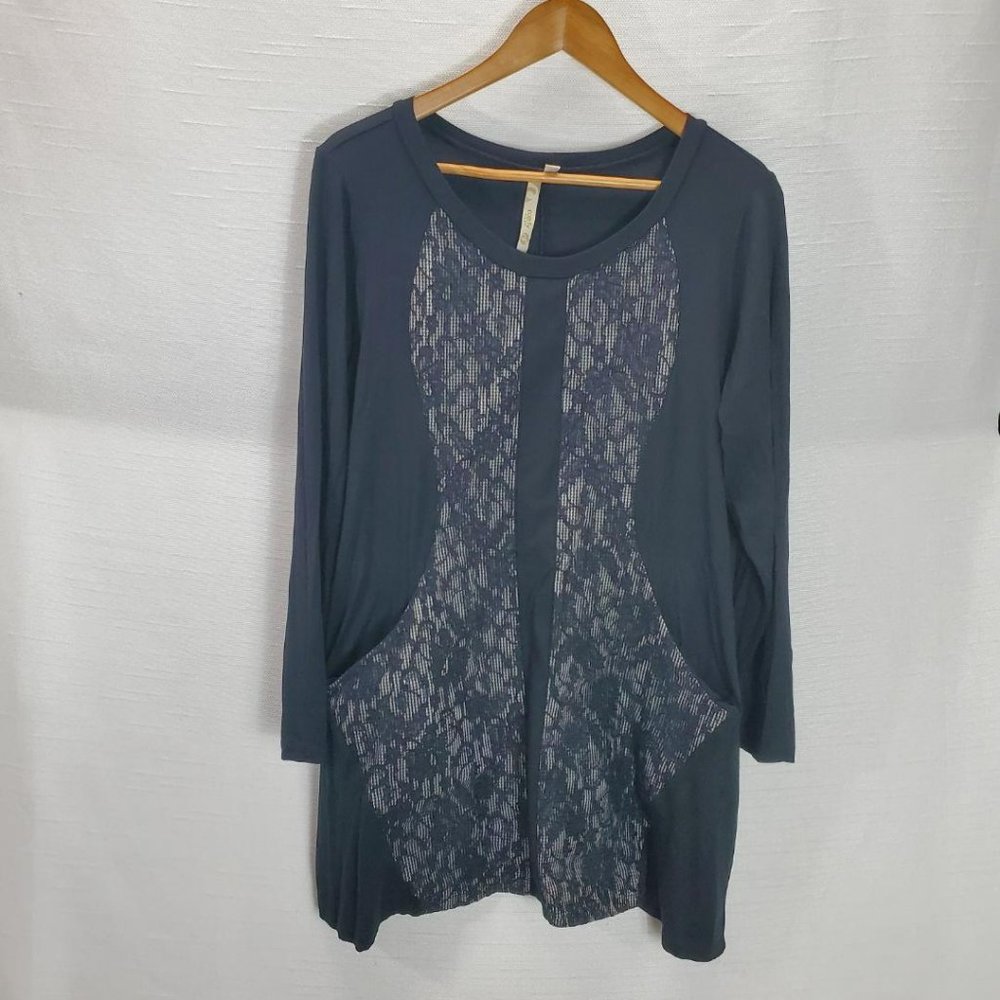 Comfy USA Tunic Top Womens L Blk/Lace Pockets Flowy Lagenlook Artsy Long Sleeve